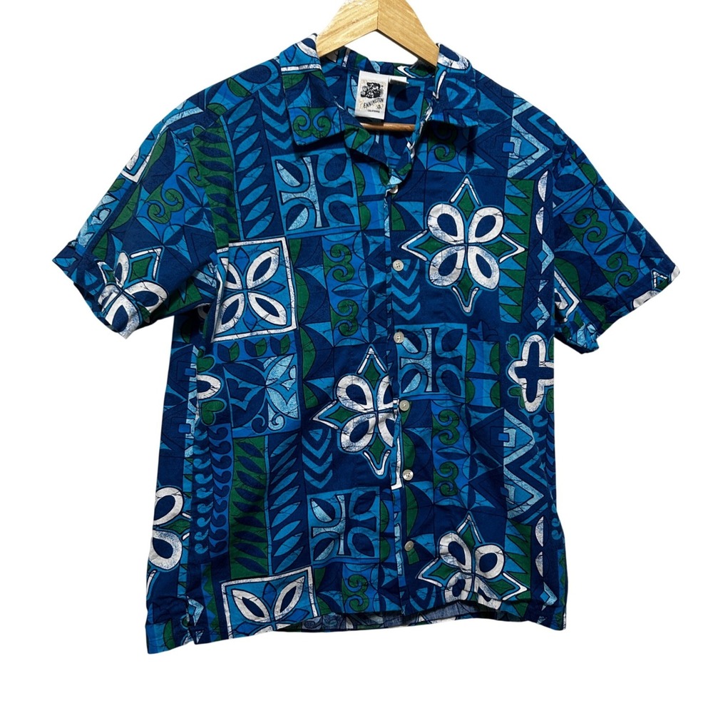 VTG Kennington Mens Tropical Hawaiian Shirt M Blue Geometric Tribal Aloha Surf